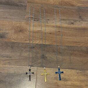 BNWP Set of Three Cross Necklaces in Black, Gold, and Blue
